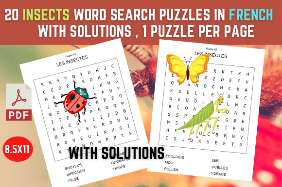 20 Insects French Word Search Puzzles for Kids